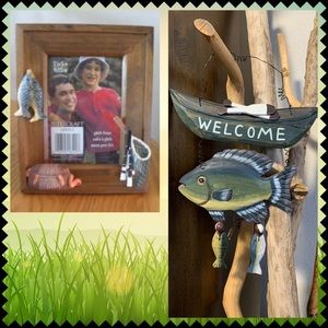 Welcome hanging fish sign, and a 5x7 photo frame. Lot of two.